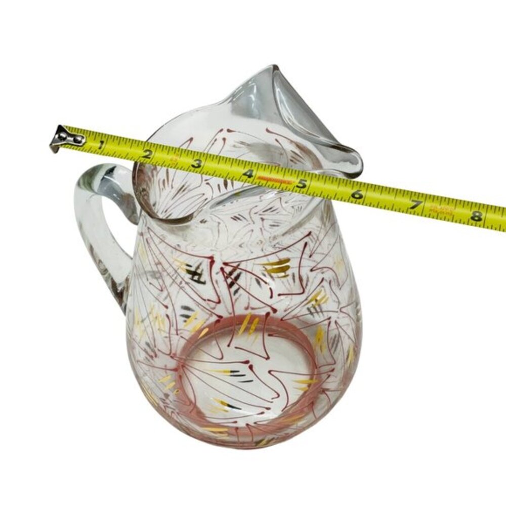 Mid-Century Modern Handpainted Glass Pitcher With Abstract Design & Red Base - Picture 7 of 8